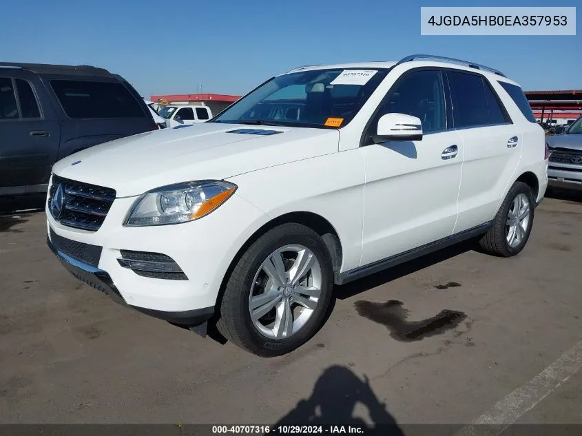 2014 Mercedes-Benz Ml 350 4Matic VIN: 4JGDA5HB0EA357953 Lot: 40707316