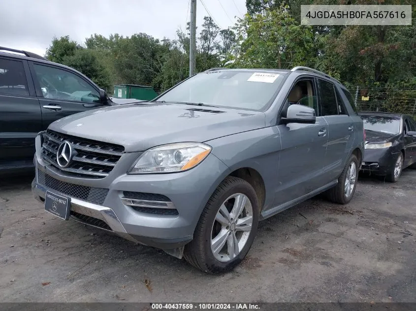 2015 Mercedes-Benz Ml 350 4Matic VIN: 4JGDA5HB0FA567616 Lot: 40437559