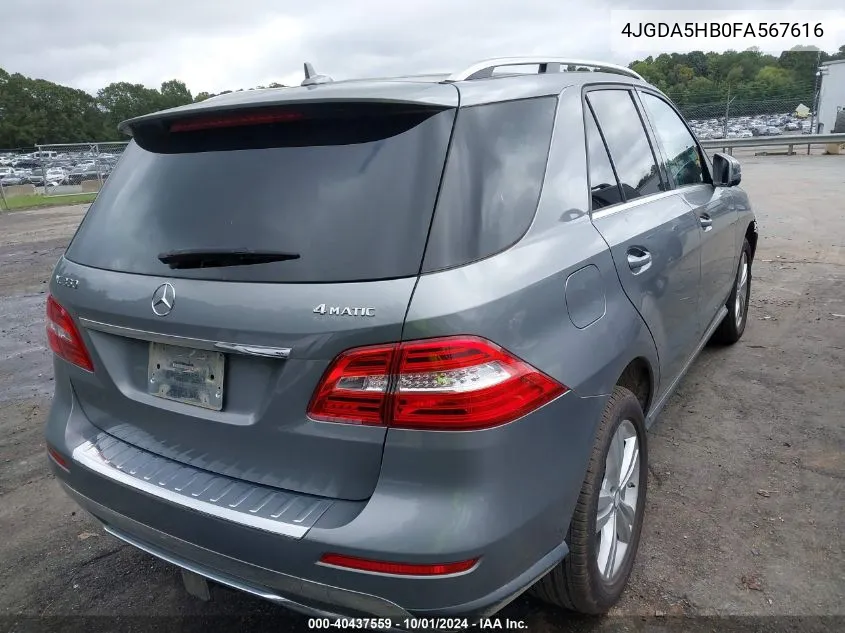 2015 Mercedes-Benz Ml 350 4Matic VIN: 4JGDA5HB0FA567616 Lot: 40437559