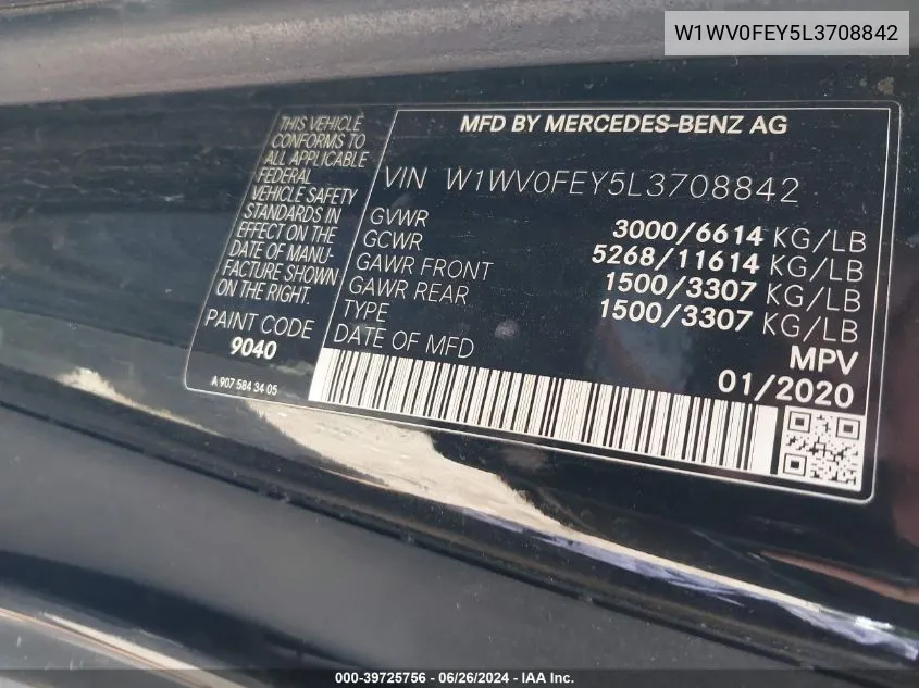 2020 Mercedes-Benz Metris VIN: W1WV0FEY5L3708842 Lot: 39725756