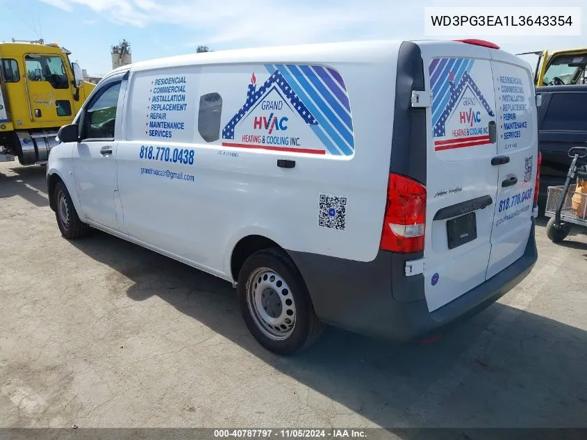 2020 Mercedes-Benz Metris VIN: WD3PG3EA1L3643354 Lot: 40787797