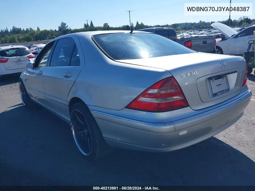 2000 Mercedes-Benz S 430 VIN: WDBNG70J3YA048387 Lot: 40213981