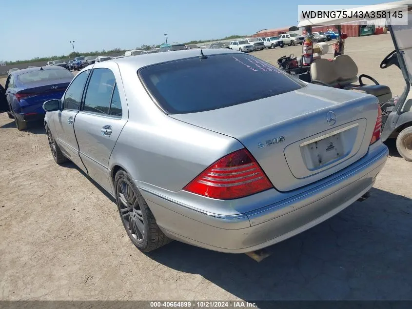 2003 Mercedes-Benz S 500 VIN: WDBNG75J43A358145 Lot: 40654899