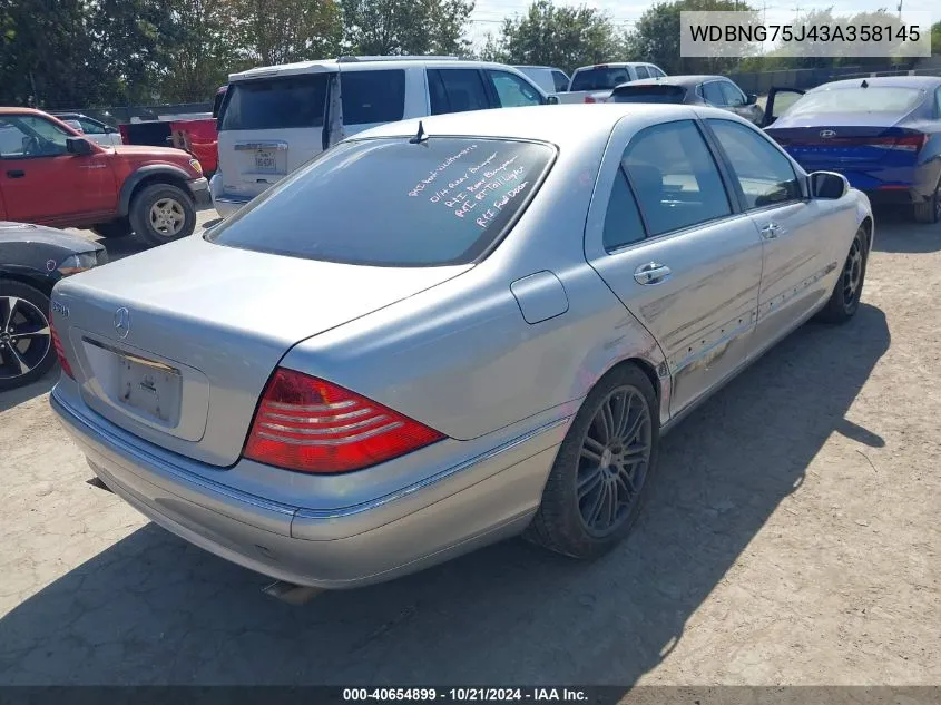 2003 Mercedes-Benz S 500 VIN: WDBNG75J43A358145 Lot: 40654899