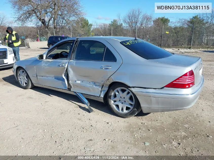 2003 Mercedes-Benz S 430 VIN: WDBNG70J13A381115 Lot: 40832439