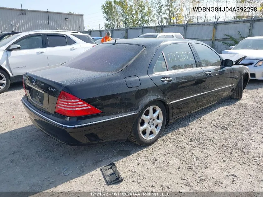 2004 Mercedes-Benz S 500 4Matic VIN: WDBNG84J04A392298 Lot: 12121572