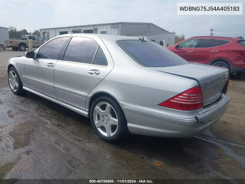 2004 Mercedes-Benz S-Class 5.0L VIN: WDBNG75J54A405183 Lot: 40758080