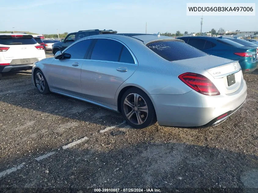 2019 Mercedes-Benz S 450 VIN: WDDUG6GB3KA497006 Lot: 39910887