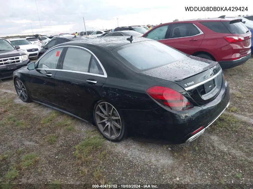 2019 Mercedes-Benz S 560 VIN: WDDUG8DB0KA429424 Lot: 40475752