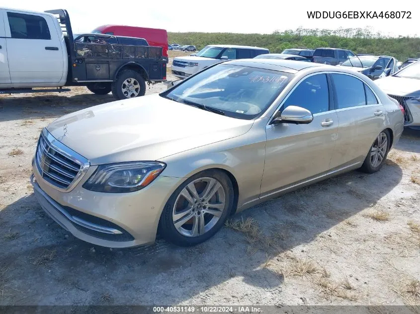 2019 Mercedes-Benz S 450 4Matic VIN: WDDUG6EBXKA468072 Lot: 40531149