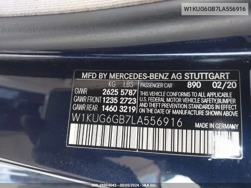 2020 Mercedes-Benz S 450 VIN: W1KUG6GB7LA556916 Lot: 39984642