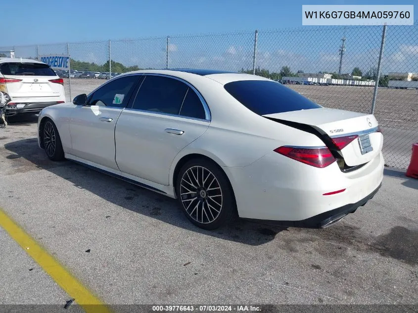 2021 Mercedes-Benz S 580 4Matic VIN: W1K6G7GB4MA059760 Lot: 39776643