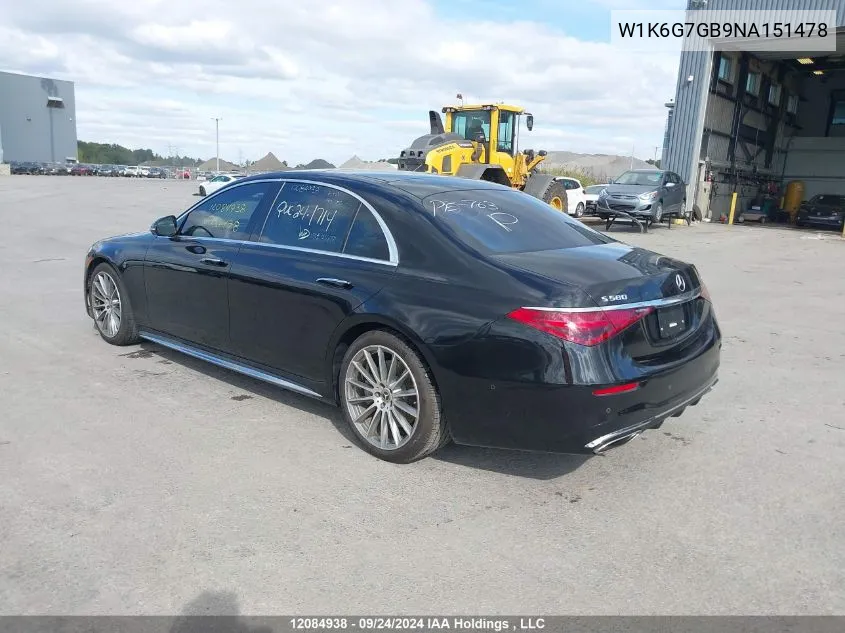 2022 Mercedes-Benz S-Class VIN: W1K6G7GB9NA151478 Lot: 12084938