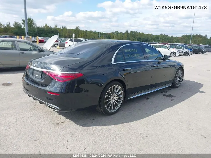 2022 Mercedes-Benz S-Class VIN: W1K6G7GB9NA151478 Lot: 12084938