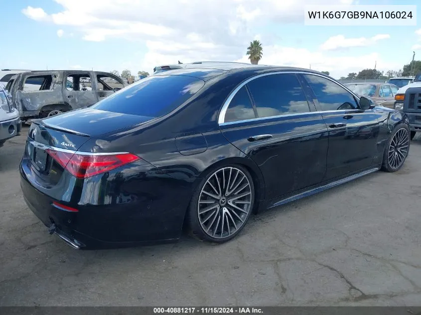 2022 Mercedes-Benz S 580 4Matic VIN: W1K6G7GB9NA106024 Lot: 40881217