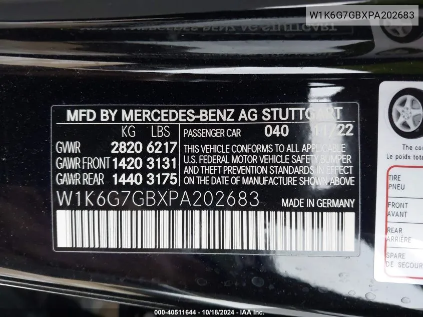 2023 Mercedes-Benz S 580 4Matic VIN: W1K6G7GBXPA202683 Lot: 40511644