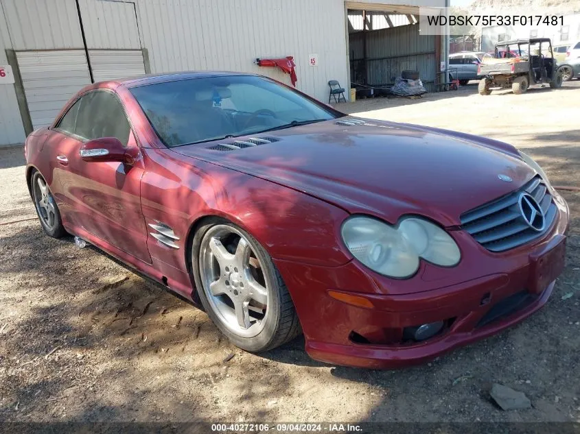 2003 Mercedes-Benz Sl 500 500R VIN: WDBSK75F33F017481 Lot: 40272106