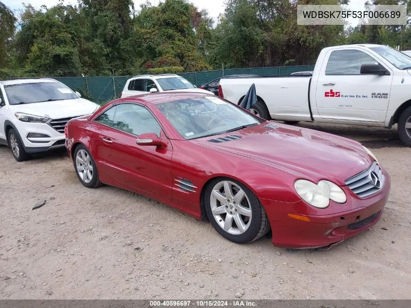 2003 Mercedes-Benz Sl 500 VIN: WDBSK75F53F006689 Lot: 40596697