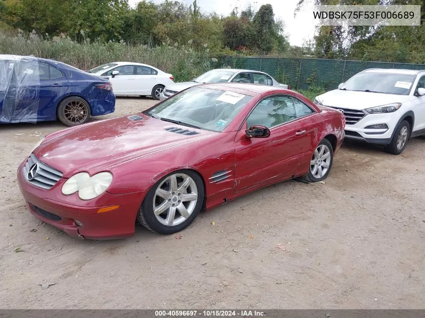 2003 Mercedes-Benz Sl 500 VIN: WDBSK75F53F006689 Lot: 40596697