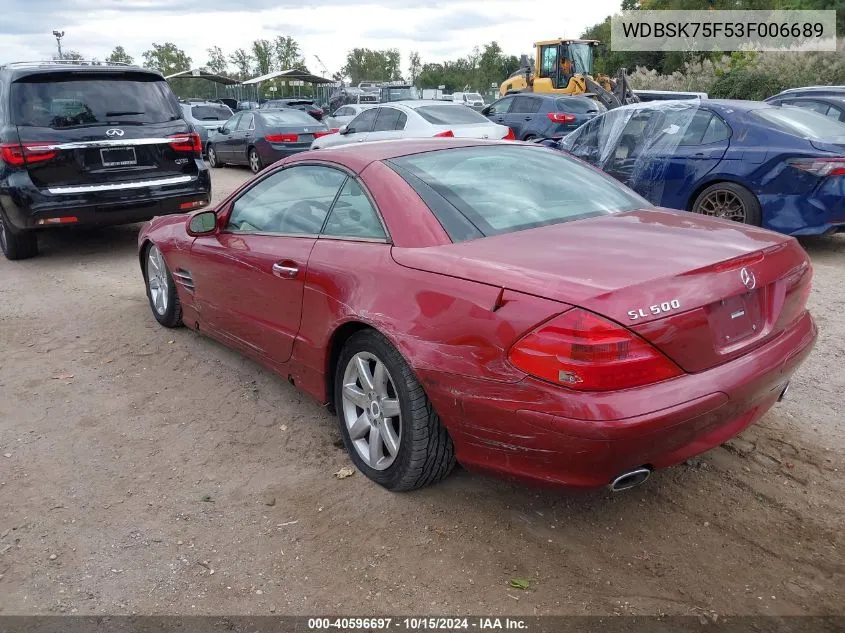 2003 Mercedes-Benz Sl 500 VIN: WDBSK75F53F006689 Lot: 40596697