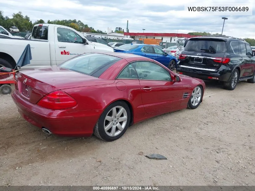 2003 Mercedes-Benz Sl 500 VIN: WDBSK75F53F006689 Lot: 40596697