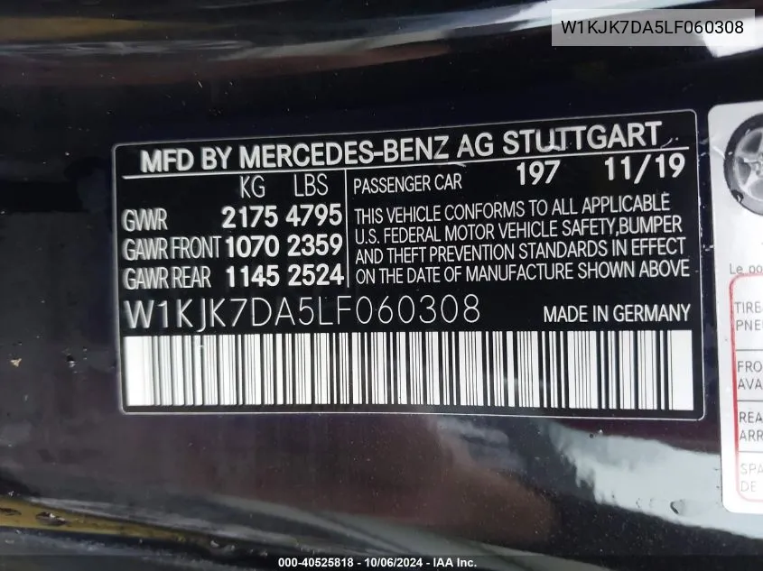 2020 Mercedes-Benz Sl 550 VIN: W1KJK7DA5LF060308 Lot: 40525818