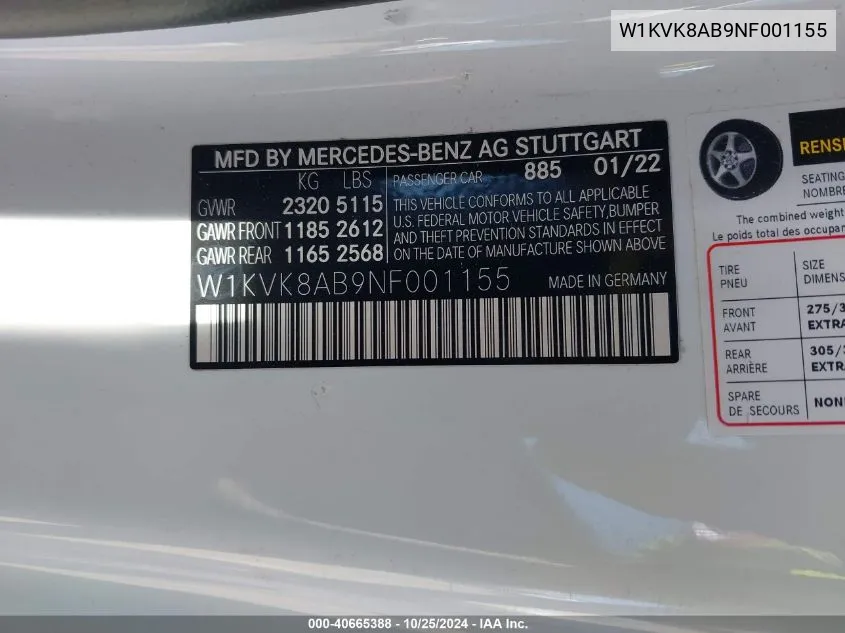 2022 Mercedes-Benz Amg Sl 55 4Matic VIN: W1KVK8AB9NF001155 Lot: 40665388