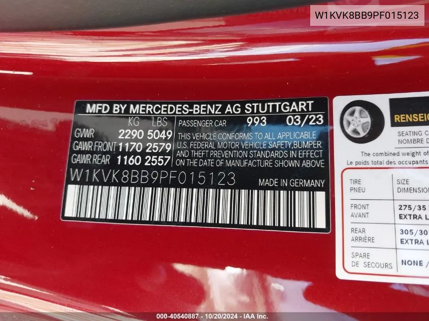 2023 Mercedes-Benz Sl 63 Amg VIN: W1KVK8BB9PF015123 Lot: 40540887