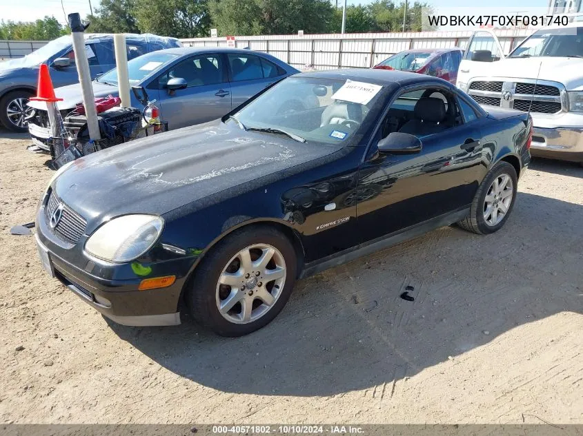 1999 Mercedes-Benz Slk 230 Kompressor VIN: WDBKK47F0XF081740 Lot: 40571802