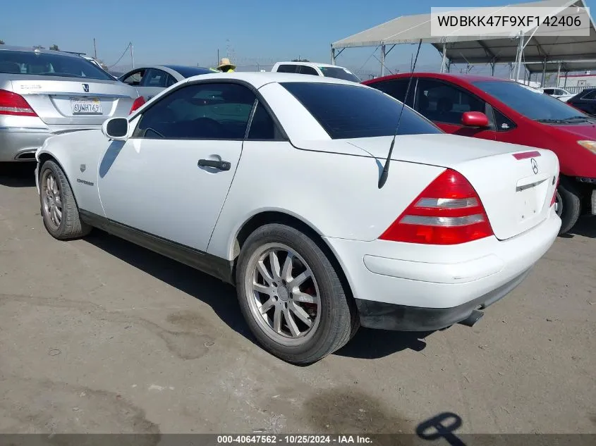 1999 Mercedes-Benz Slk 230 Kompressor VIN: WDBKK47F9XF142406 Lot: 40647562