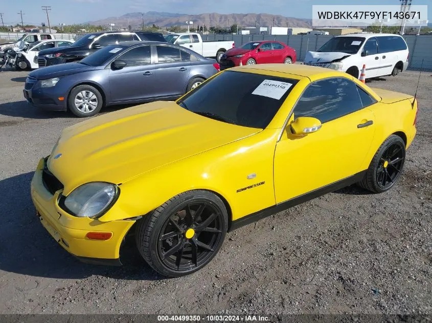 2000 Mercedes-Benz Slk 230 Kompressor VIN: WDBKK47F9YF143671 Lot: 40499350