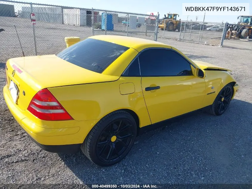 2000 Mercedes-Benz Slk 230 Kompressor VIN: WDBKK47F9YF143671 Lot: 40499350