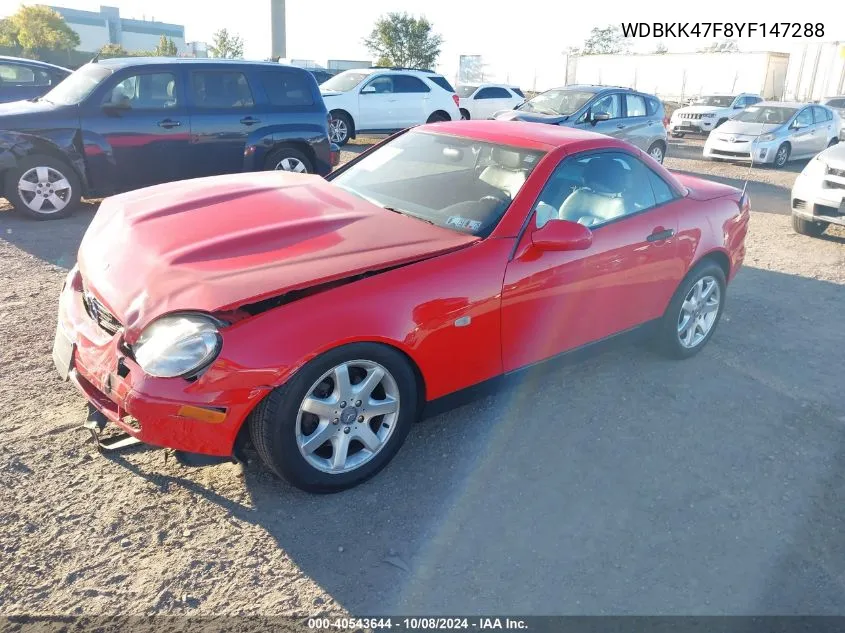 2000 Mercedes-Benz Slk 230 Kompressor VIN: WDBKK47F8YF147288 Lot: 40543644