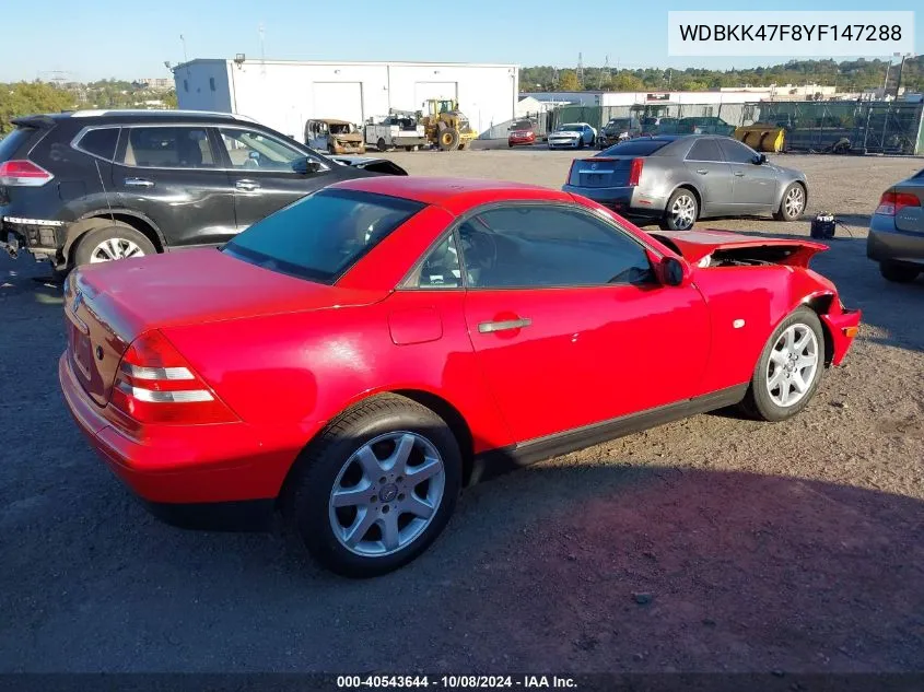 2000 Mercedes-Benz Slk 230 Kompressor VIN: WDBKK47F8YF147288 Lot: 40543644