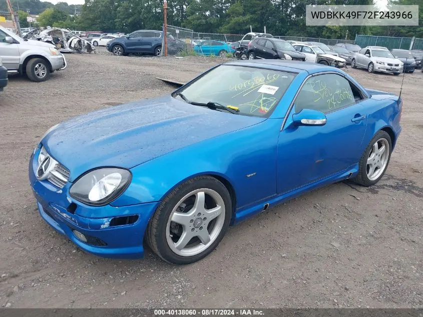 2002 Mercedes-Benz Slk 230 Kompressor VIN: WDBKK49F72F243966 Lot: 40138060