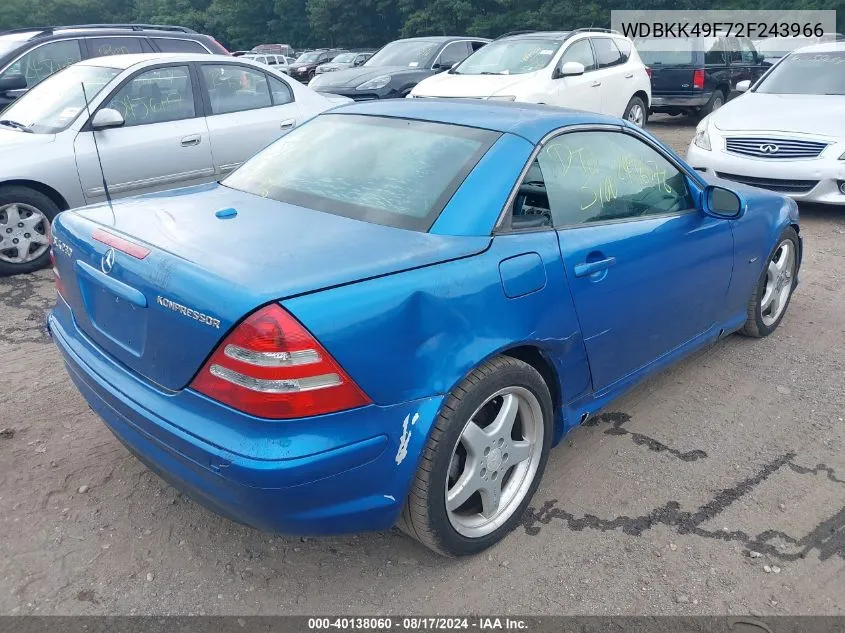 2002 Mercedes-Benz Slk 230 Kompressor VIN: WDBKK49F72F243966 Lot: 40138060