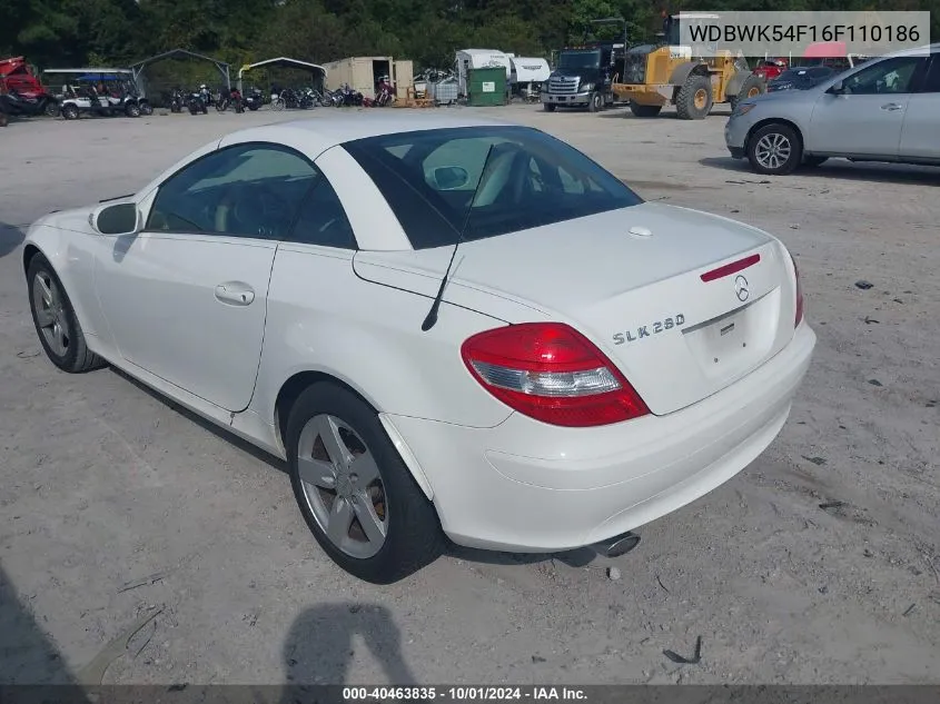 2006 Mercedes-Benz Slk 280 VIN: WDBWK54F16F110186 Lot: 40463835