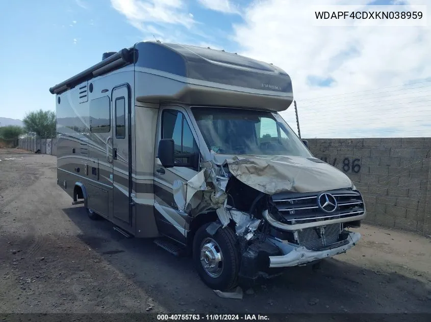 2019 Mercedes-Benz Sprinter 4500 High Roof V6/Standard Roof V6 VIN: WDAPF4CDXKN038959 Lot: 40755763