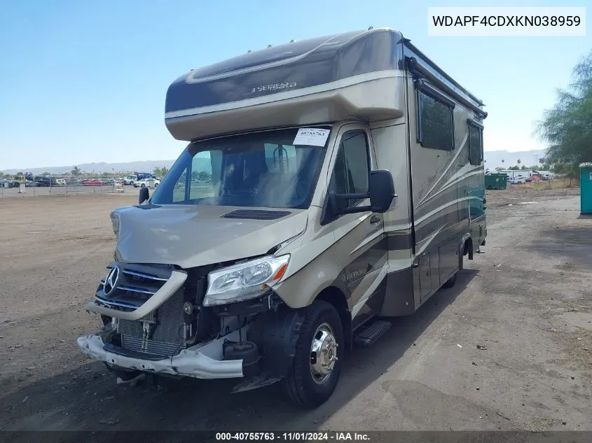 2019 Mercedes-Benz Sprinter 4500 High Roof V6/Standard Roof V6 VIN: WDAPF4CDXKN038959 Lot: 40755763