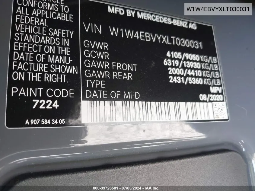 2020 Mercedes-Benz Sprinter 2500 Standard Roof V6 VIN: W1W4EBVYXLT030031 Lot: 39728501