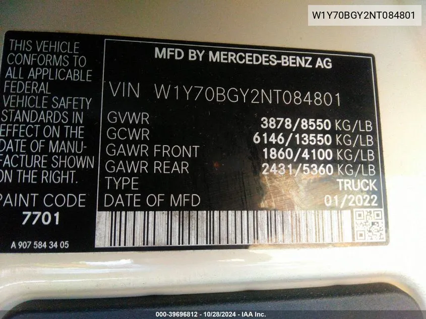 2022 Mercedes-Benz Sprinter 1500 Standard Roof I4 VIN: W1Y70BGY2NT084801 Lot: 39696812