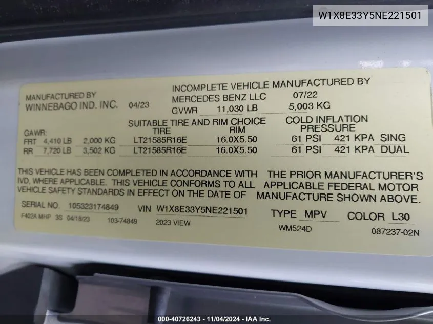 2022 Mercedes-Benz Sprinter 3500Xd Standard Roof V6 VIN: W1X8E33Y5NE221501 Lot: 40726243