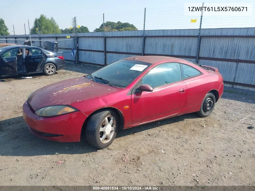 1999 Mercury Cougar V6 VIN: 1ZWFT61L5X5760671 Lot: 40551534