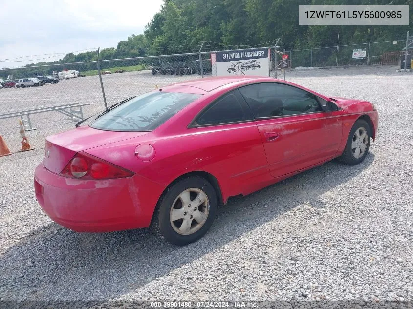 2000 Mercury Cougar V6 VIN: 1ZWFT61L5Y5600985 Lot: 39901480