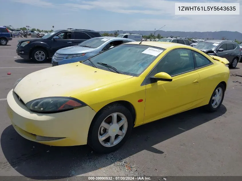 2000 Mercury Cougar V6 VIN: 1ZWHT61L5Y5643635 Lot: 39990532