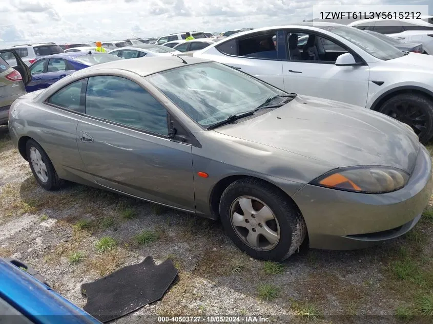 2000 Mercury Cougar V6 VIN: 1ZWFT61L3Y5615212 Lot: 40503727