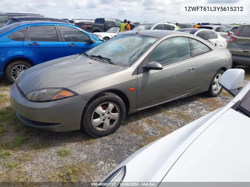 2000 Mercury Cougar V6 VIN: 1ZWFT61L3Y5615212 Lot: 40503727