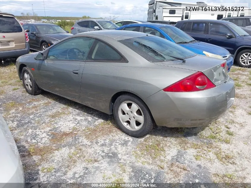 2000 Mercury Cougar V6 VIN: 1ZWFT61L3Y5615212 Lot: 40503727