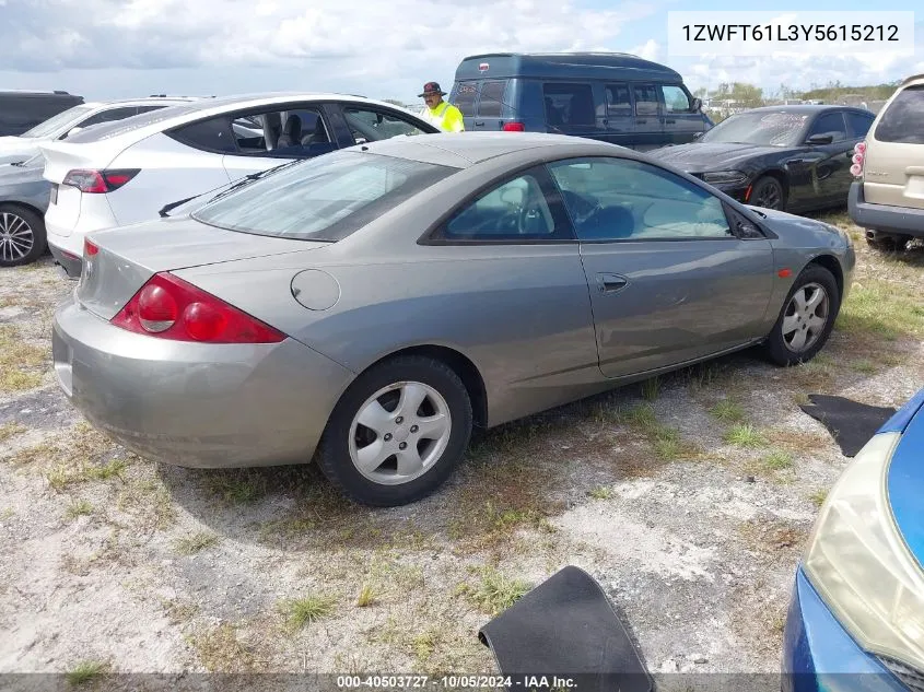 2000 Mercury Cougar V6 VIN: 1ZWFT61L3Y5615212 Lot: 40503727