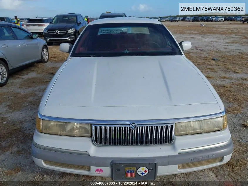 1992 Mercury Grand Marquis Ls VIN: 2MELM75W4NX759362 Lot: 40657033